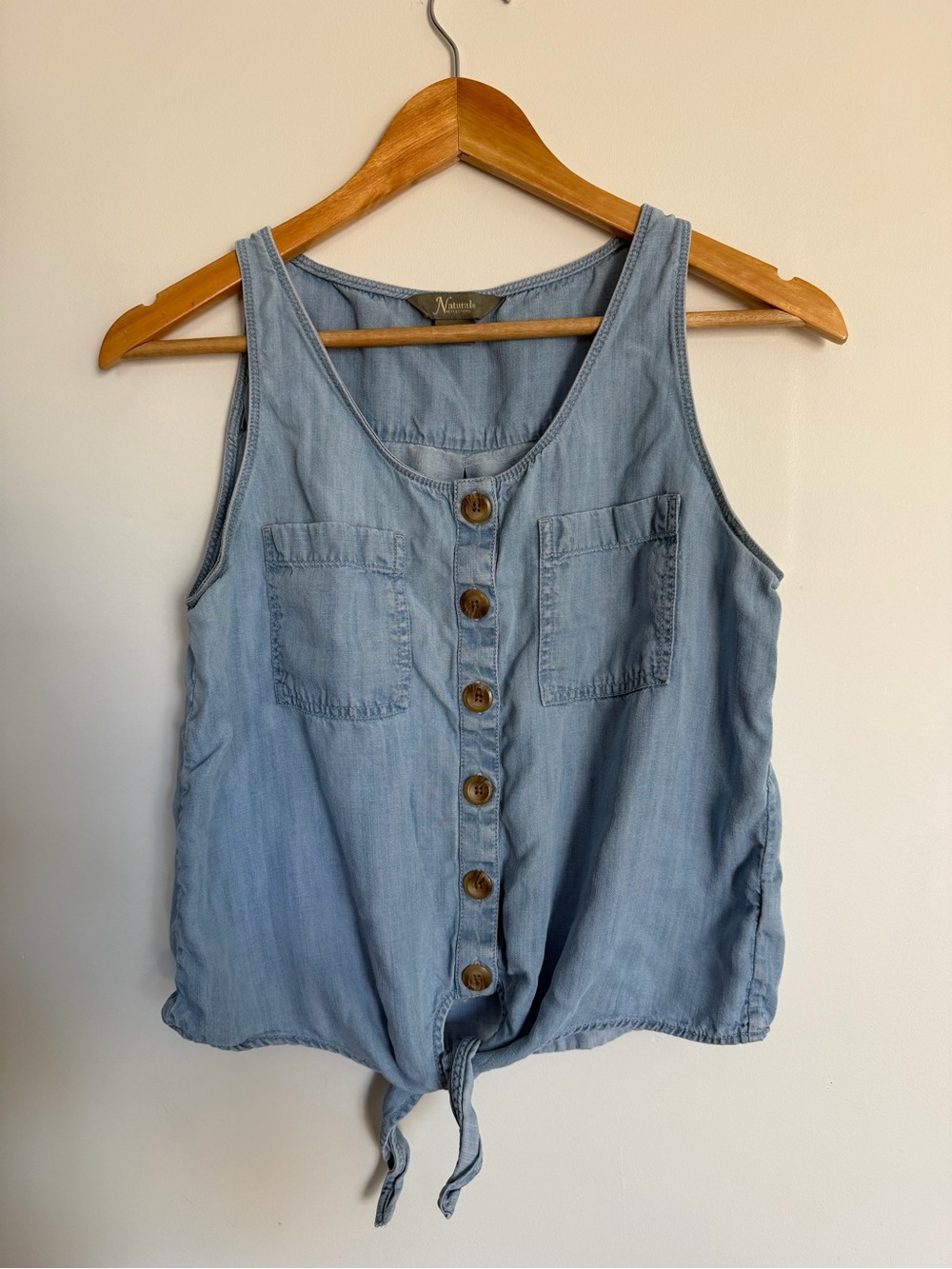 Naturals Reflections Chambray Tank Top | Button Front Tie Hem | Size Small